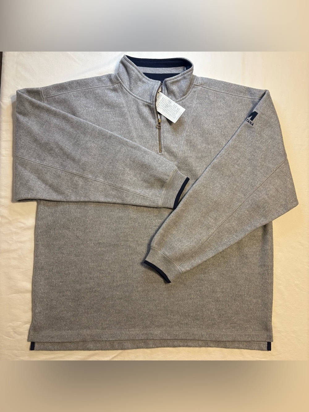 Artisans Men's Light Gray 1/4 Zip Sweater with Navy Trim"M Montana" on Sleeve